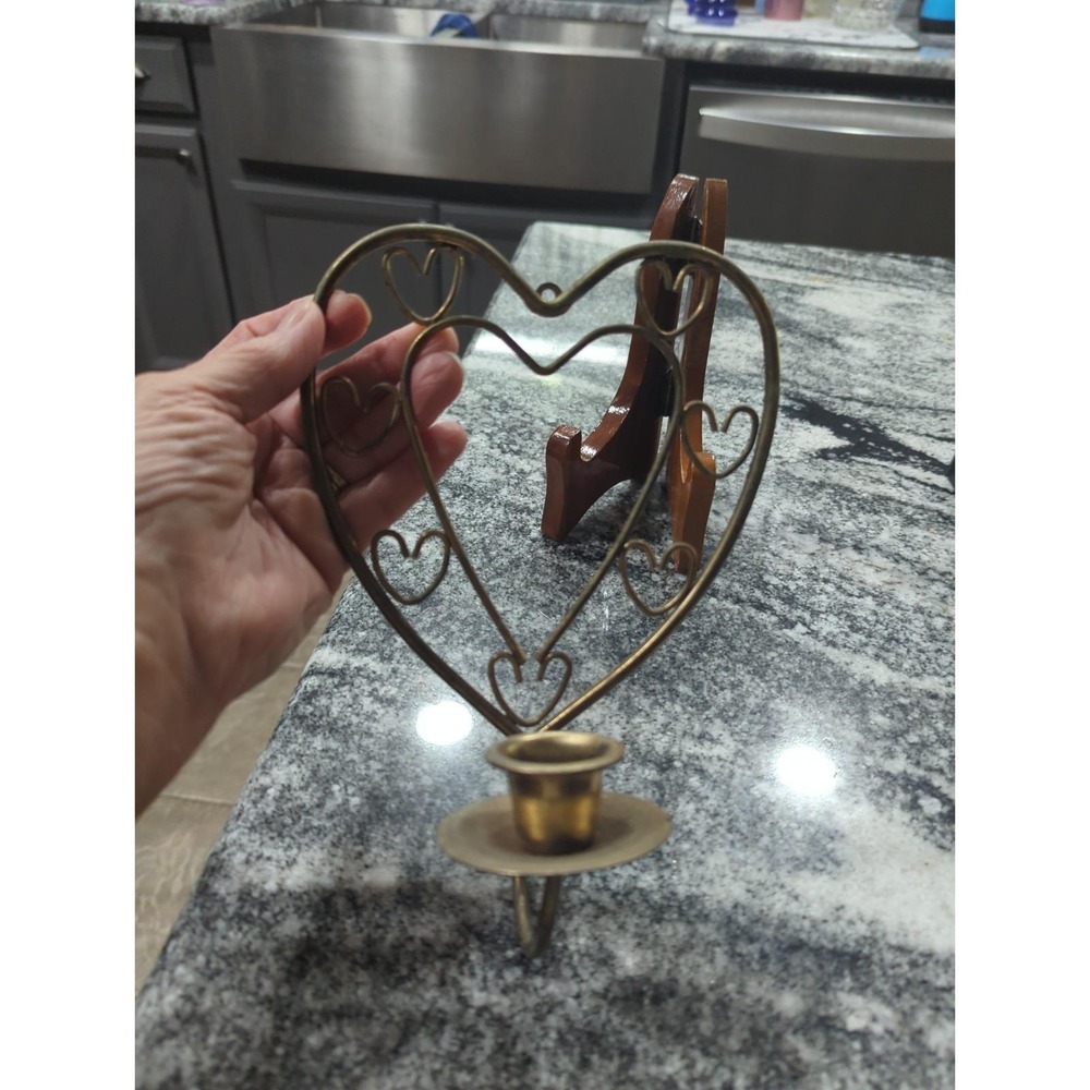Vtg Home Interior Homco Brass Plated Metal Heart Candle Hold Wall Sconce 8"